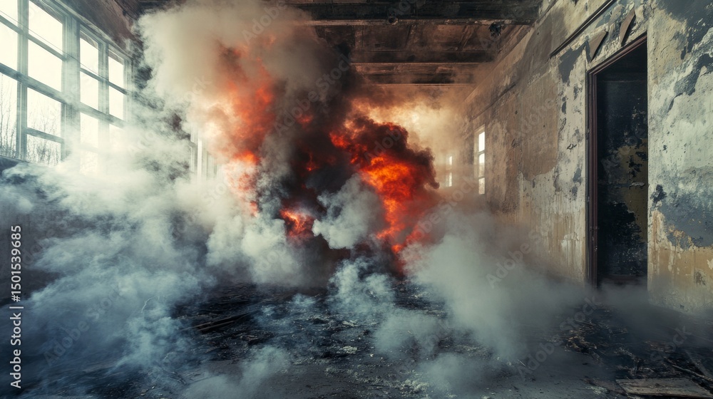 Obraz premium Explosive smoke abandoned industrial space chaos urban grunge dramatic destruction surreal fire danger moody