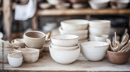 Pottery workshop white ceramic bowls crafts studio traditional handmade rustic artisan clay decor shelves