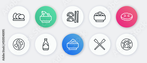 Set line Rice in a bowl, Homemade pie, Served cucumber on plate, Food chopsticks, Chow mein, Dumpling with, Kung Pao chicken and Soy sauce bottle icon. Vector