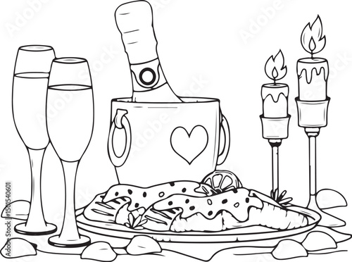 A vector illustration of a celebration with champagne and wine drinks, bottle, and food such as cheese and cake suitable for a restaurant or party