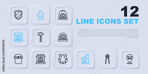 Set line Blacksmith pliers tool, anvil, Hammer, Smithy workshop interior, oven, apron and Horseshoe icon. Vector