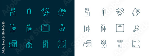 Set line Water balance, Metabolism, Bathroom scales, Vitamins, Lactose intolerance, Calcium, and Wheat icon. Vector