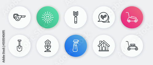 Set line Garden sprayer for water, Lawn mower, Shovel, Farm house, Leaf, pitchfork, and Flower icon. Vector