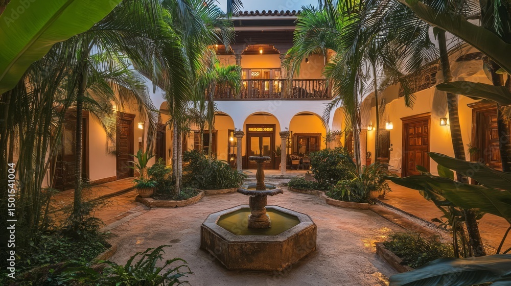 Fototapeta premium Tranquil Courtyard Oasis: Fountain, Tropical Plants, and Spanish Colonial Architecture