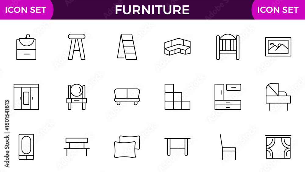 Furniture and home interior elements - thin line web icon set. Outline icons of kitchen, living room, bedroom and office collection. Furniture and home interior elements - thin line web icon set. Outline icons of kitchen, living room, bedroom and office collection.