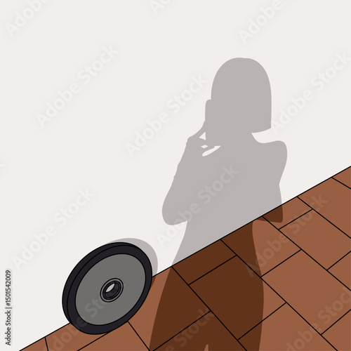 Woman's Shadow and Barbell Weight Plate by a White Wall