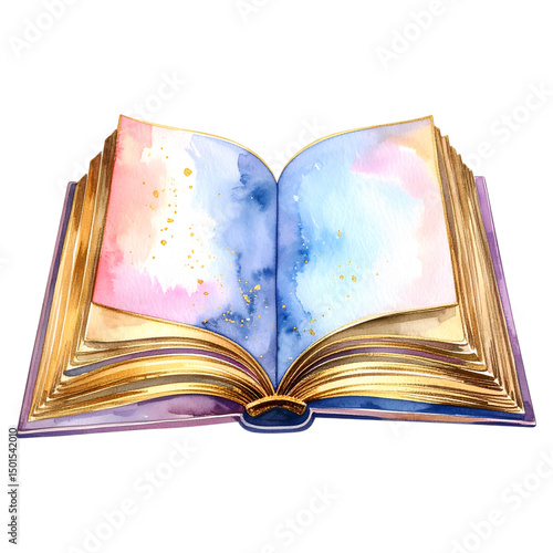 Enchanted Book: An open book rendered in watercolor, its pages adorned with dreamy hues and gilded edges, hinting at tales of fantasy and wonder.