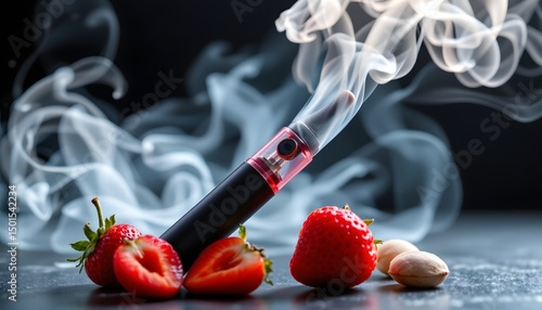 Strawberry E-cigarette: A striking still life composition features a modern e-cigarette intertwined with a burst of fresh, vibrant strawberries, all enveloped by swirls of vapor.