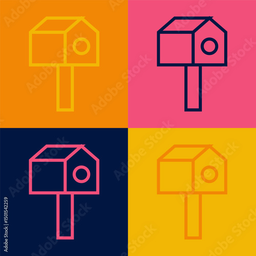 Pop art line Bird house icon isolated on color background. Nesting box birdhouse, homemade building for birds. Vector