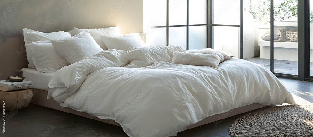 Fototapeta premium In a modern bedroom setting, an unmade bed with crisp white sheets and fluffy pillows stands prominently. The morning light gently illuminates the room, creating a simple yet inviting scene.