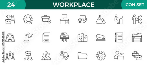 Workplace web icons in line style. Employ, conference, project, document, business, work, support, contact us, productivity strategy, collection.