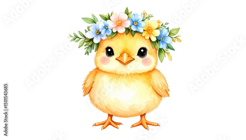 A vibrant yellow bird with crown of colorful flowers, stunning display of nature's beauty