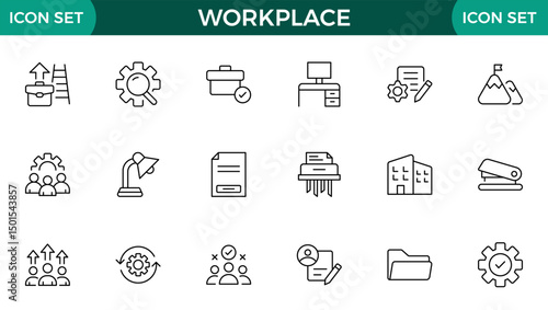 Workplace web icons in line style. Employ, conference, project, document, business, work, support, contact us, productivity strategy, collection.
