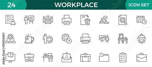 Workplace web icons in line style. Employ, conference, project, document, business, work, support, contact us, productivity strategy, collection.