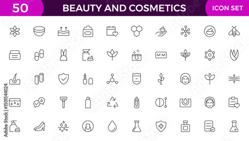 Beauty and Cosmetics product outline icon set. editable line icon collection.