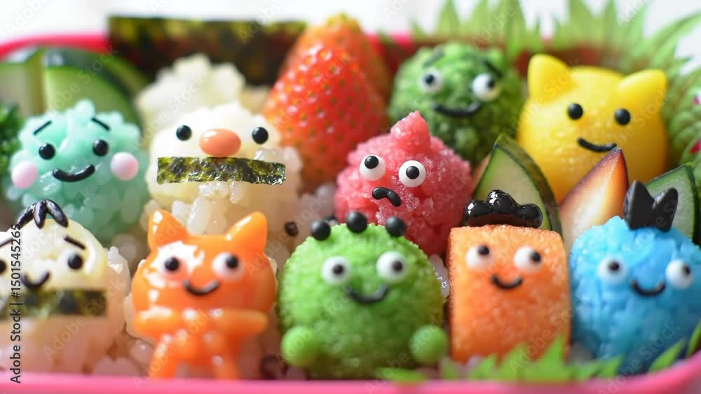 Close up of Colorful Bento Box with Cute Shaped Rice Balls and Fruits Close up of Colorful Bento Box with Cute Shaped Rice Balls and Fruits