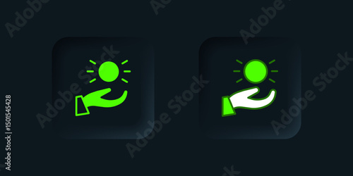 Green Ball levitating above hand icon isolated on black background. Levitation symbol. Black square button. Vector