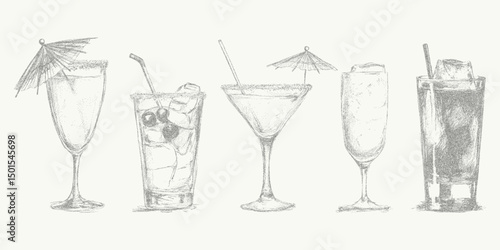 Aperitivo collection of Italian style cocktails and drinks hand drawn with noisy gritty dot halftone effect. Vintage ink sketch, retro pop art stipple illustration for cafe posters.