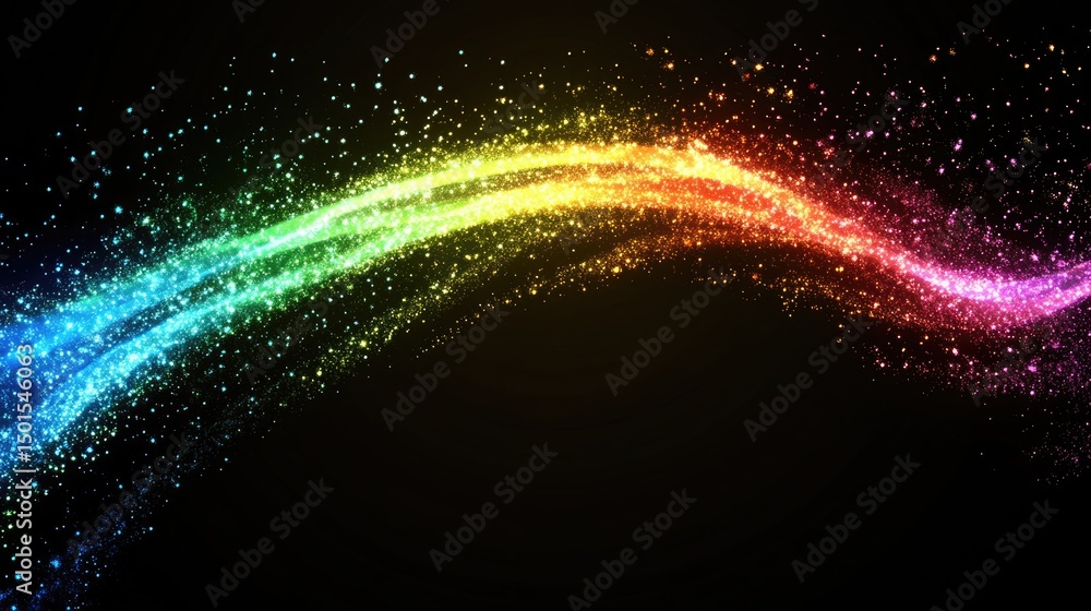 Fototapeta premium Rainbow sparkle trail, vibrant, glowing particles on dark background