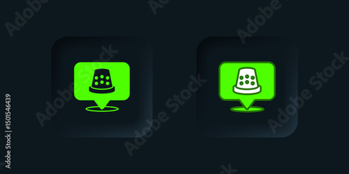 Green Thimble for sewing icon isolated on black background. Black square button. Vector