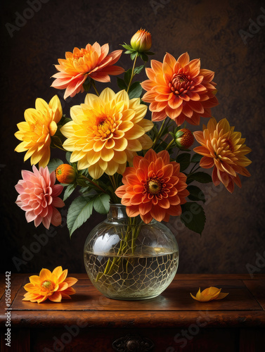 Wallpaper Mural A stunning bouquet of colorful dahlias displayed in a clear glass vase on a wooden table. Torontodigital.ca