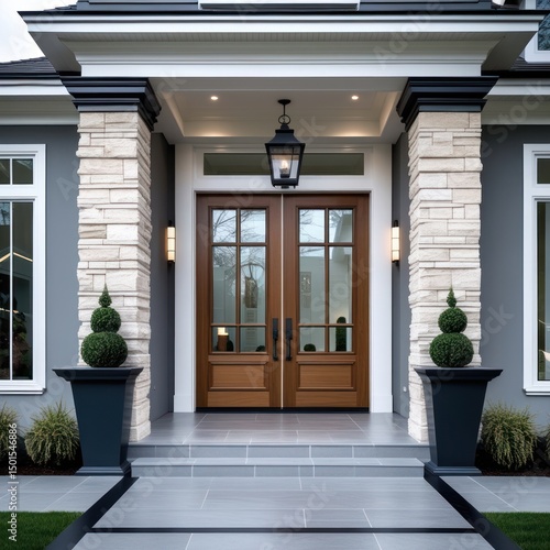 Elegant, modern home entryway with double doors