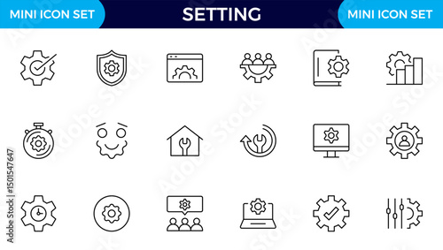 Settings, icon set. Containing options, configuration, preferences, adjustments, operation, gear, control panel, equalizer, management, optimization and productivity icons.