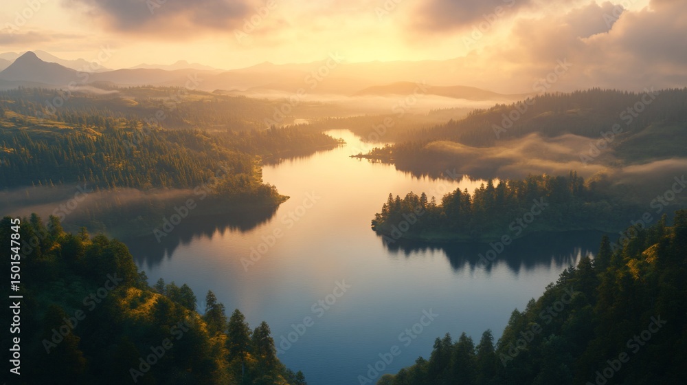 Fototapeta premium Sunrise over winding lake and forest