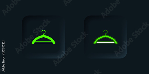 Green Hanger wardrobe icon isolated on black background. Cloakroom icon. Clothes service symbol. Laundry hanger sign. Black square button. Vector