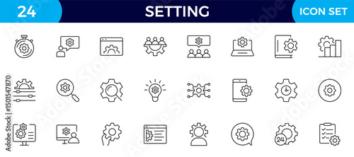 Settings, icon set. Containing options, configuration, preferences, adjustments, operation, gear, control panel, equalizer, management, optimization and productivity icons.