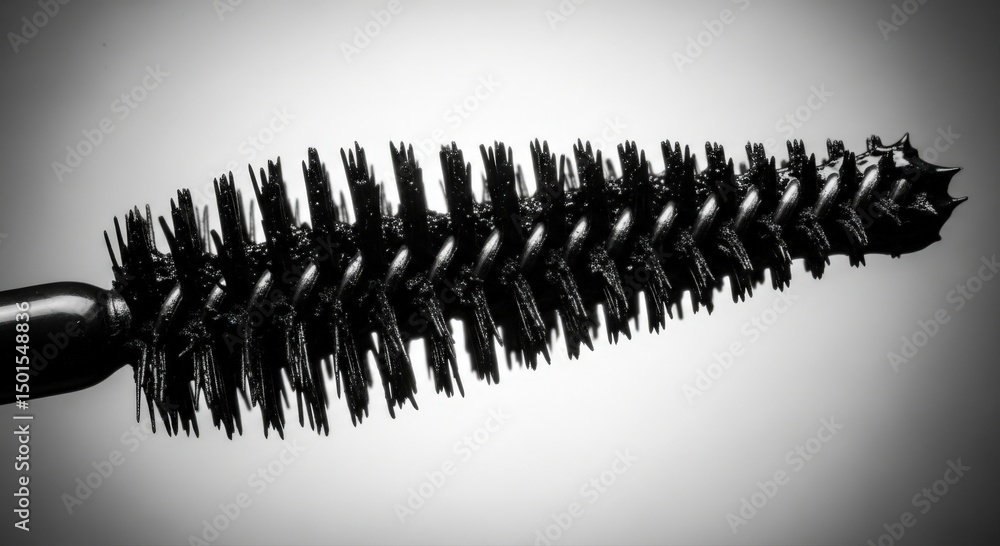 Obraz premium Close up of a black mascara brush with a spiral bristle arrangement, set against a gradient gray background for beauty concepts.