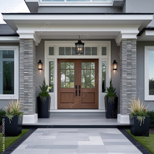 Modern home entryway with light gray stone accents