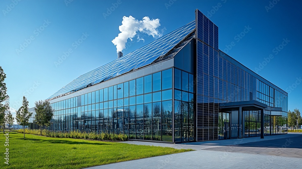 Sustainable Modern Building with Solar Panels and Industrial Setting Sustainable Modern Building with Solar Panels and Industrial Setting