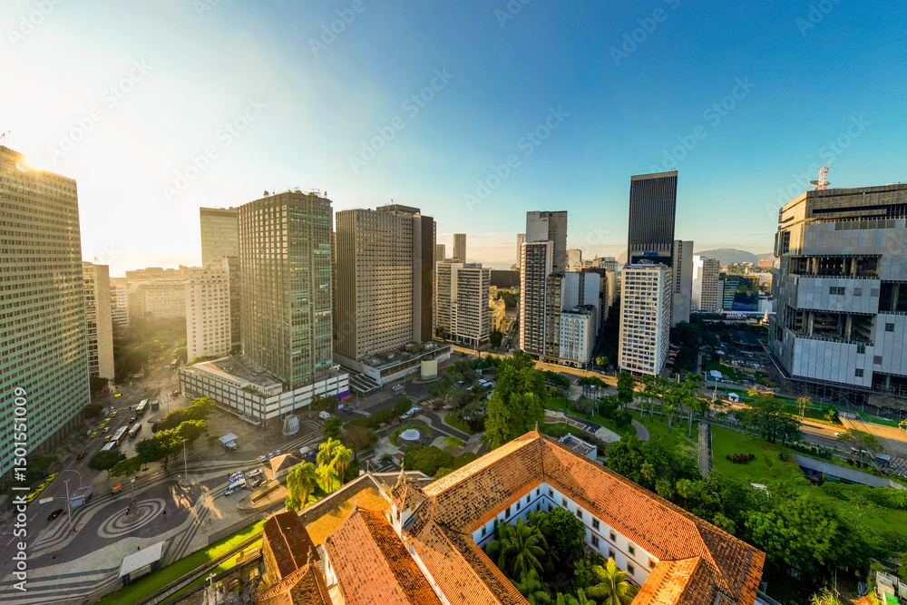 Fototapeta premium Aerial View of Carioca Square in Rio de Janeiro City Downtown With Office Buildings Around on Sunrise
