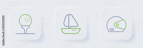 Set line Racing helmet, Yacht sailboat and Golf ball on tee icon. Vector