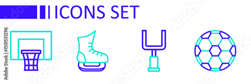 Set line Soccer football ball, American goal post, Skates and Basketball backboard icon. Vector
