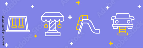 Set line Swing car, Slide playground, Attraction carousel and Swings for kids icon. Vector