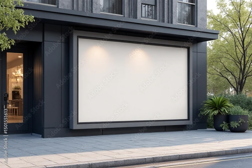 Blank billboard attached to a modern building with plants and sidewalk in outdoor setting Blank billboard attached to a modern building with plants and sidewalk in outdoor setting