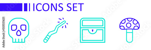 Set line Psilocybin mushroom, Antique treasure chest, Magic wand and Skull icon. Vector