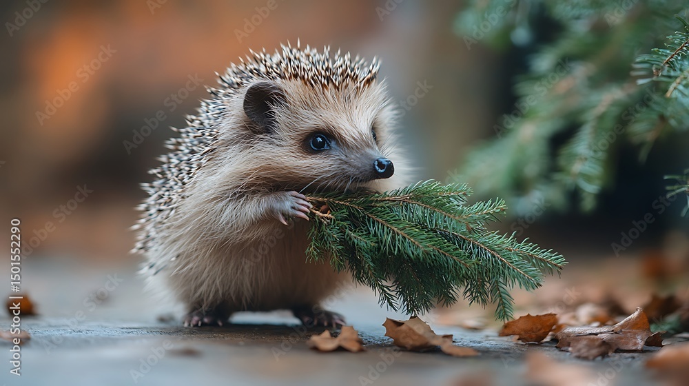 Fototapeta premium Hedgehog carrying a pine branch