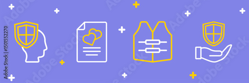 Set line Shield in hand, Life jacket, Marriage contract and insurance with shield icon. Vector
