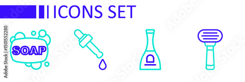 Set line Shaving razor, Bottle of nail polish, Pipette with oil and Bar soap icon. Vector