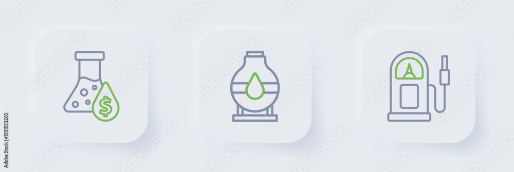 Set line Petrol or gas station, Oil tank storage and petrol test tube icon. Vector Set line Petrol or gas station, Oil tank storage and petrol test tube icon. Vector