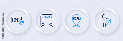 Set line Healthy lifestyle, Kcal, Bathroom scales and No GMO icon. Vector
