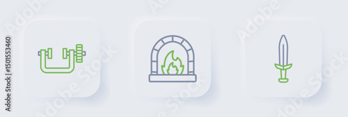 Set line Medieval sword, Blacksmith oven and Clamp and screw tool icon. Vector
