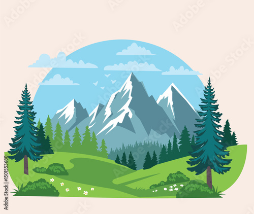  panorama with mountains skyline,  pine and valley silhouettes.