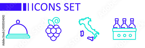 Set line Bottles of wine, Map Italy, Grape fruit and Covered with tray food icon. Vector