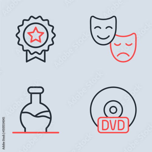 Set line Comedy and tragedy masks, Test tube, CD or DVD disk and Medal with star icon. Vector