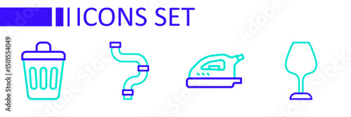 Set line Wine glass, Electric iron, Industry metallic pipe and Trash can icon. Vector