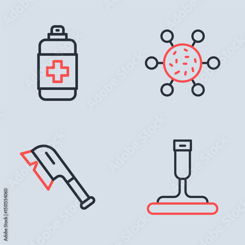 Set line Bacteria, Brush for cleaning, Rubber cleaner windows and Antibacterial soap icon. Vector